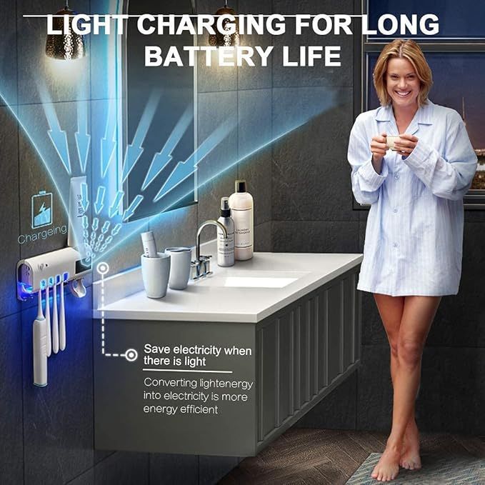 Smart UV Toothbrush Holder and Toothpaste Dispenser Bathroom Toothbrush Holder Wall Mounted Toothpaste Dispenser with Rechargeable Solar Powered Rechargeable USB Charging
