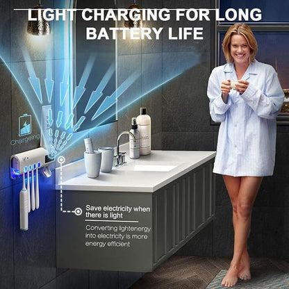 Smart UV Toothbrush Holder and Toothpaste Dispenser Bathroom Toothbrush Holder Wall Mounted Toothpaste Dispenser with Rechargeable Solar Powered Rechargeable USB Charging